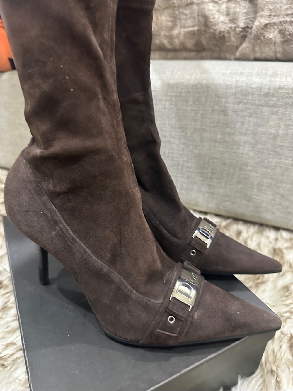 Dior Brown Suede Over-the-Knee Boots with Silver Logo Plate - Picture 3 of 9